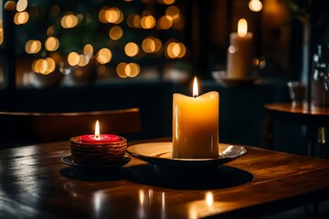  A candle flickering on a table in a cozy cafe, creating an inviting and warm ambiance.
