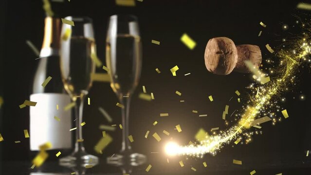 Animation of shooting stars, golden confetti and corks falling over champagne bottle and glasses