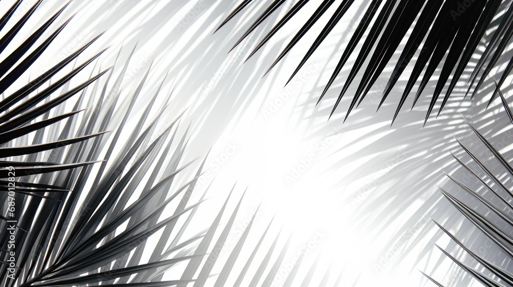 Poster abstract background of shiny palm leaves on isolated white background. white and black.