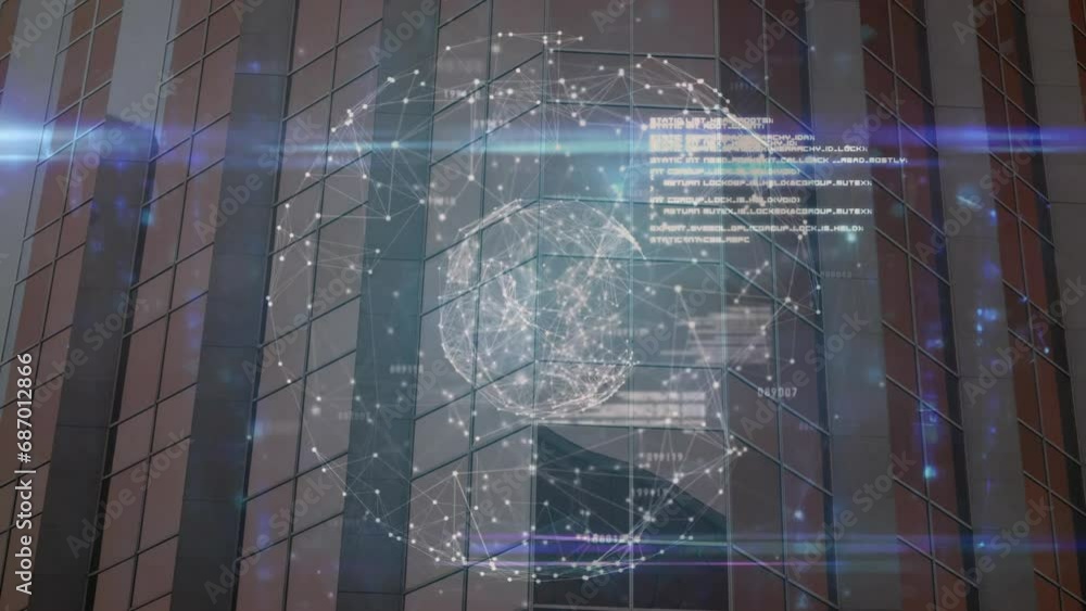 Poster animation of computer language, connected dots forming globe and lens flare against building