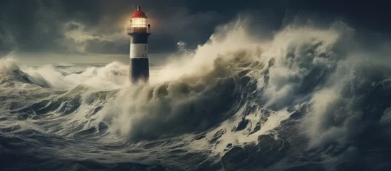 Poster Lighthouse guiding ship through stormy sea waves. © AkuAku