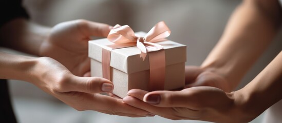 Woman giving a gift to her lover - obrazy, fototapety, plakaty