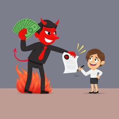 Devil businessman holding money with signing the proverbial devil deal for woman. illustration vector eps10 cartoon. 