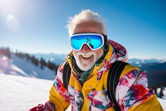 Senior man skiing in mountains at sunny day. Sport and active life concept.