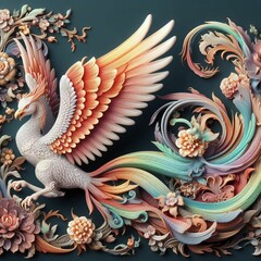 Fototapeta na wymiar Phoenix with colourfull tail and blossom