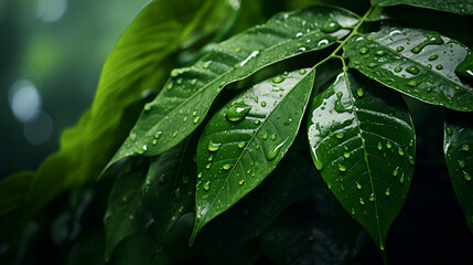 Green leaves with water droplets, In the lush green garden, the beauty of nature was evident through the organic textures of leaves, floral blossoms, and the gentle drop of rainwater, enhancing the 
