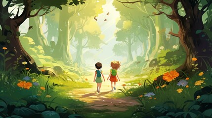 Obraz na płótnie Canvas fairy tale wallpaper in a forest or jungle with big trees, colorful leaves and flowers. Children in the forest or forest illustration for cover or horizontal banner design.