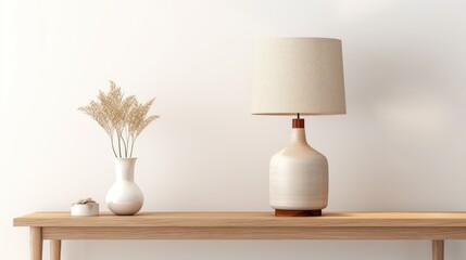 contemporary table lamp stands next to some books on a minimalist wooden sideboard. - obrazy, fototapety, plakaty