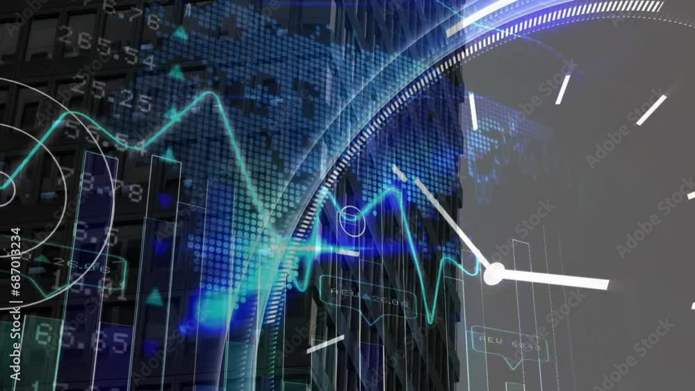 Poster animation of line graph, numbers, spinning clock and map over modern building