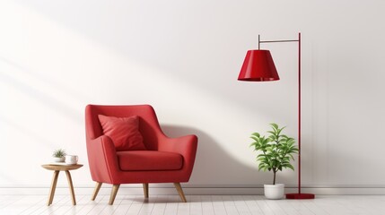 Modern living room with red armchair and electric lamp Scandinavian interior design - obrazy, fototapety, plakaty