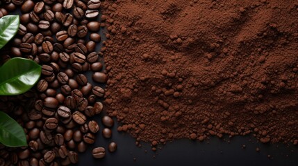 Roasted coffee beans and ground coffee on the background Copy space. Above.
