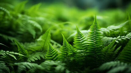 This is a close-up photo of a fern plant. Fern plants are bright green with yellow tips. The ferns are in focus, while the background is blurry. The background seems to be forest or ... See More., Be
