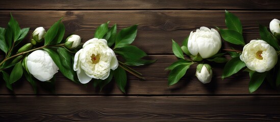 Copy space background. white peony flowers on green wood