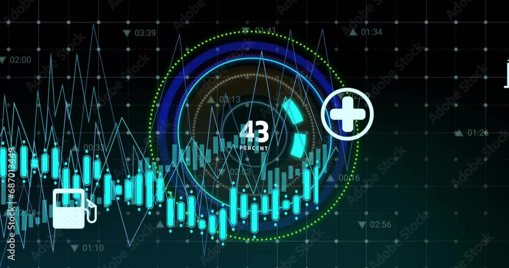 Poster animation of sustainable energy icons and graphs moving over circles with increasing numbers