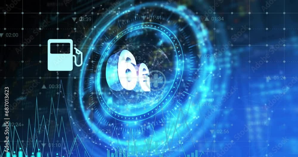 Poster animation of illuminated circle with 6g text, multiple graphs and sustainable resource icons