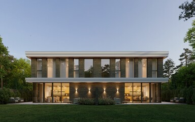 3D visualization of a modern house for two families. Duplex. A beautiful house with a brick facade. Modern architecture