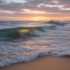 a sunset sea, a roiling waves, a soft sandy beach