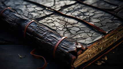 An Old Book: A detailed and textured close-up shot of the pages of an old, worn-out book., Dark grey black slate background, Ai Generated Image, Black lacquer shoes, bow tie and cufflink on the chai

 - obrazy, fototapety, plakaty