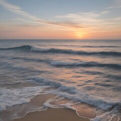 a sunset sea, a roiling waves, a soft sandy beach