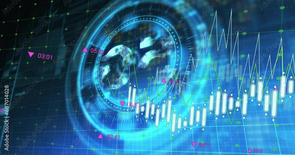 Poster animation of multiple graphs and numbers over 5g text in illuminating circles