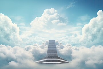 A ladder rising from the ground to the clouds. - obrazy, fototapety, plakaty