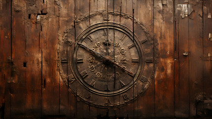 Ancient luxury wooden flooring background with round ornament in the middle created with Generative AI, Old wooden clock with a pendulum hanging on the wall, Old and vintage blank clock dial without

 - obrazy, fototapety, plakaty