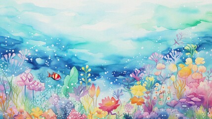 Fototapeta na wymiar abstract watercolor underwater with coral plant and fish for background template