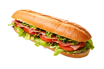 Fresh baguette sandwich with ham, tomato, lettuce on white background 