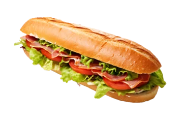  Fresh baguette sandwich with ham, tomato, lettuce on white background  © Olga