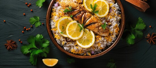 Middle Eastern dish: Arabian Sheri fish mandi rice with lemon slice, served in a dish, top view.
