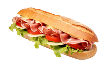 Fresh baguette sandwich with ham, tomato, lettuce on white background 