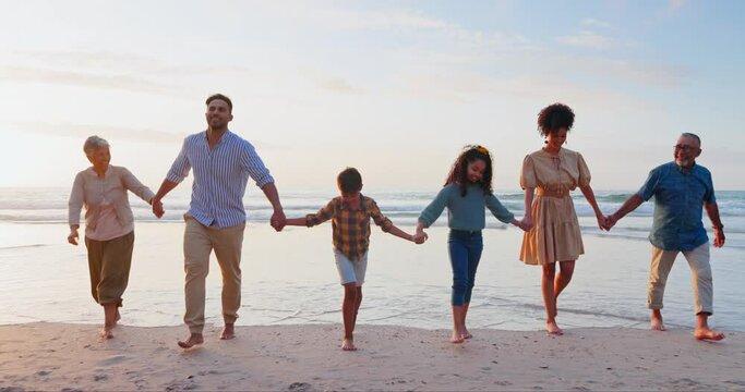 Back, holding hands and family with beach, walking and vacation with ocean, water and support. Grandparents, mother or father with children, kids or relax with adventure, sunset or holiday on a break