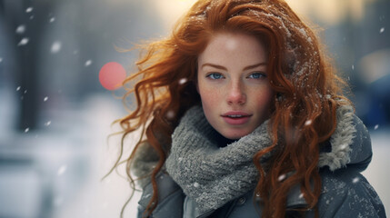 portrait of a woman in winter snowing