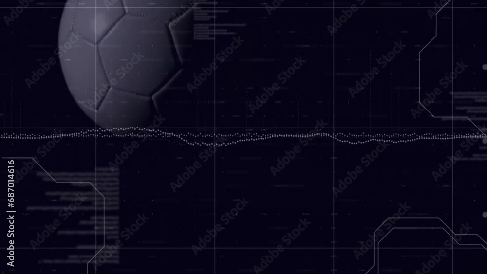 Poster animation of programming language and soccer ball moving on black background