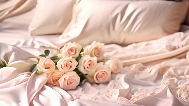 Bouquet of tender roses on cozy silk bedding, symbolizing a romantic, luxurious wedding theme with a hint of bridal elegance and intimate luxury. Premium bed linen set at expensive fabric