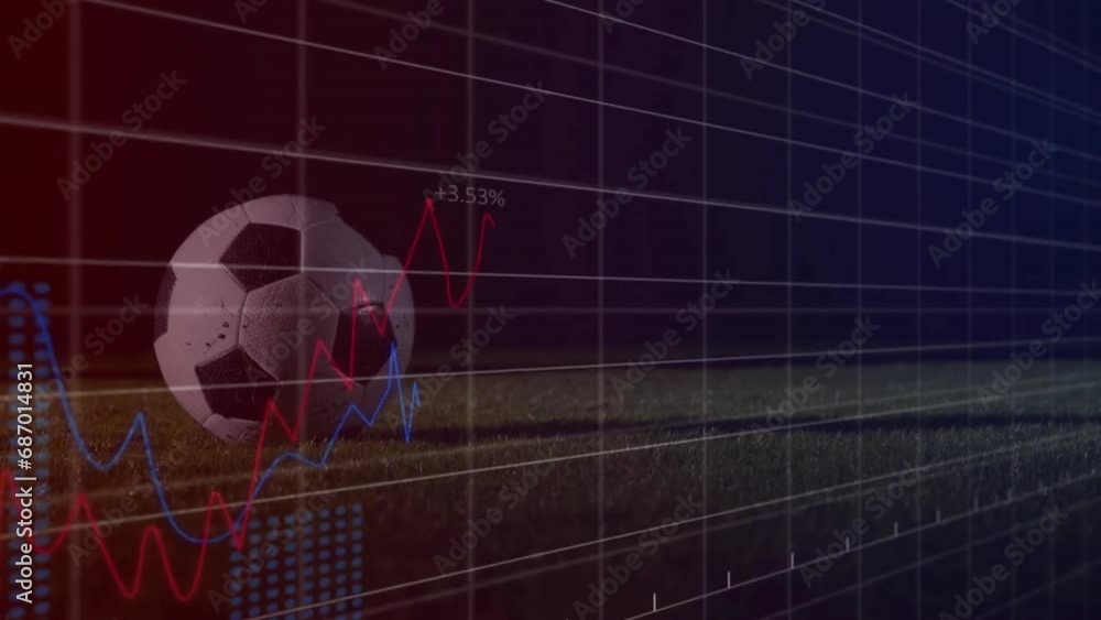 Poster animation of multiple graphs and numbers over low section of caucasian player kicking soccer ball