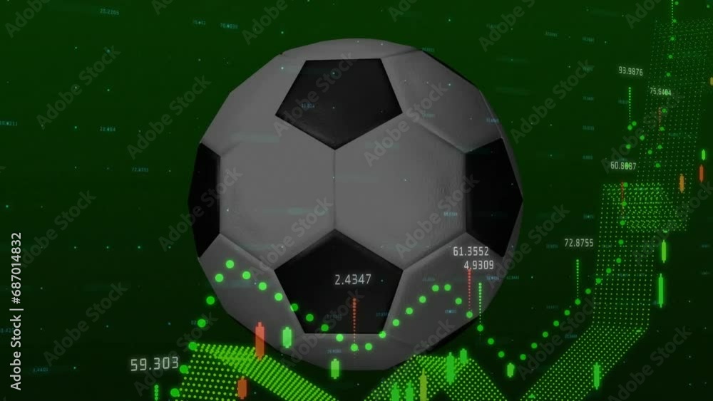 Poster animation of multiple graphs and numbers with soccer ball rotating on green background