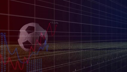 Animation of multiple graphs and numbers over low section of caucasian player kicking soccer ball - Powered by Adobe