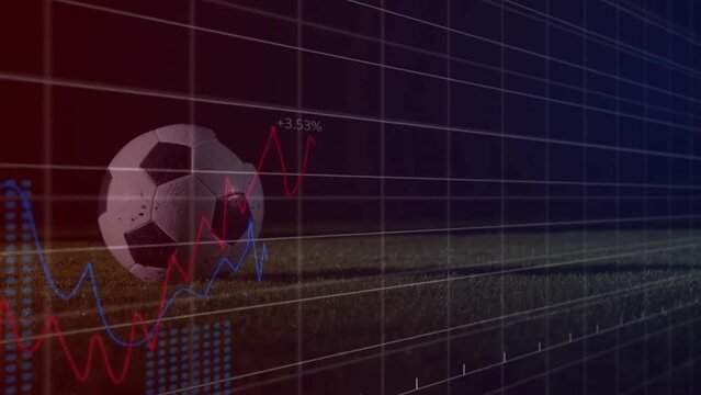 Animation of multiple graphs and numbers over low section of caucasian player kicking soccer ball