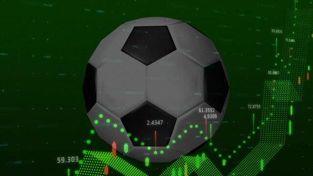 Animation of multiple graphs and numbers with soccer ball rotating on green background