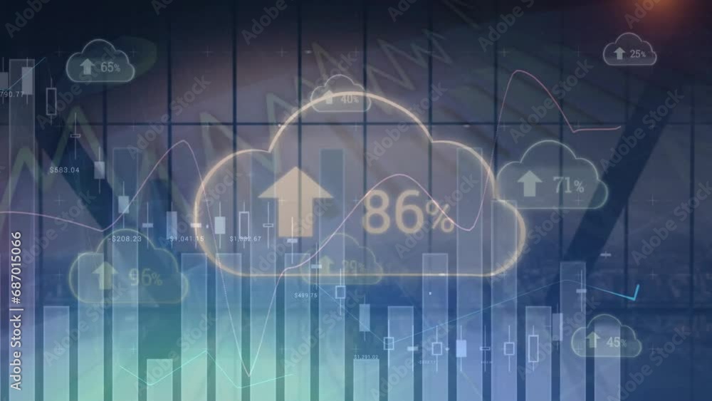 Poster animation of graphs, clouds with increasing number and percent, arrow up signs against window