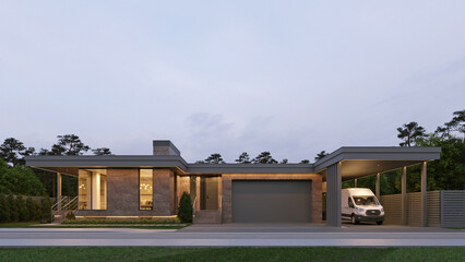 3D visualization of a modern house with a garage and carport. Beautiful architecture. Flat roof house