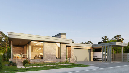 3D visualization of a modern house with a garage and carport. Beautiful architecture. Flat roof house