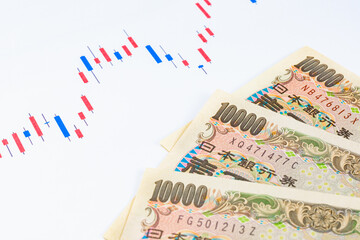 上昇傾向のローソク足　投資　一万円札