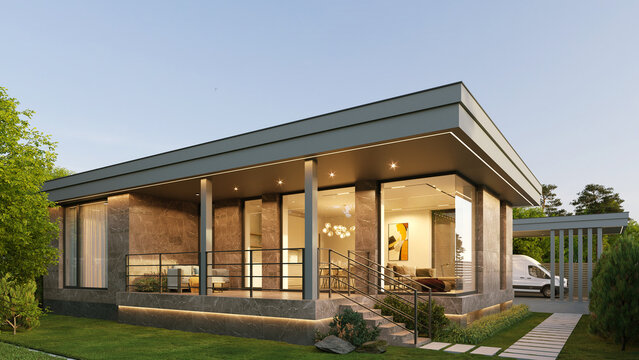 3D visualization of a modern house with a garage and carport. Beautiful architecture. Flat roof house