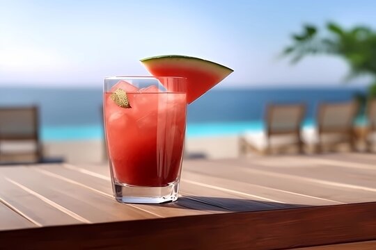 Beachside Refresh: A Glass Of Watermelon Juice With A Tranquil Seaside View