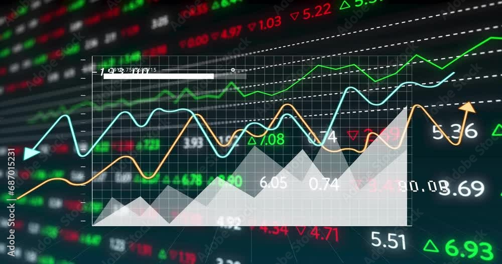 Aufkleber animation of multiple graphs and stock market data moving on black background