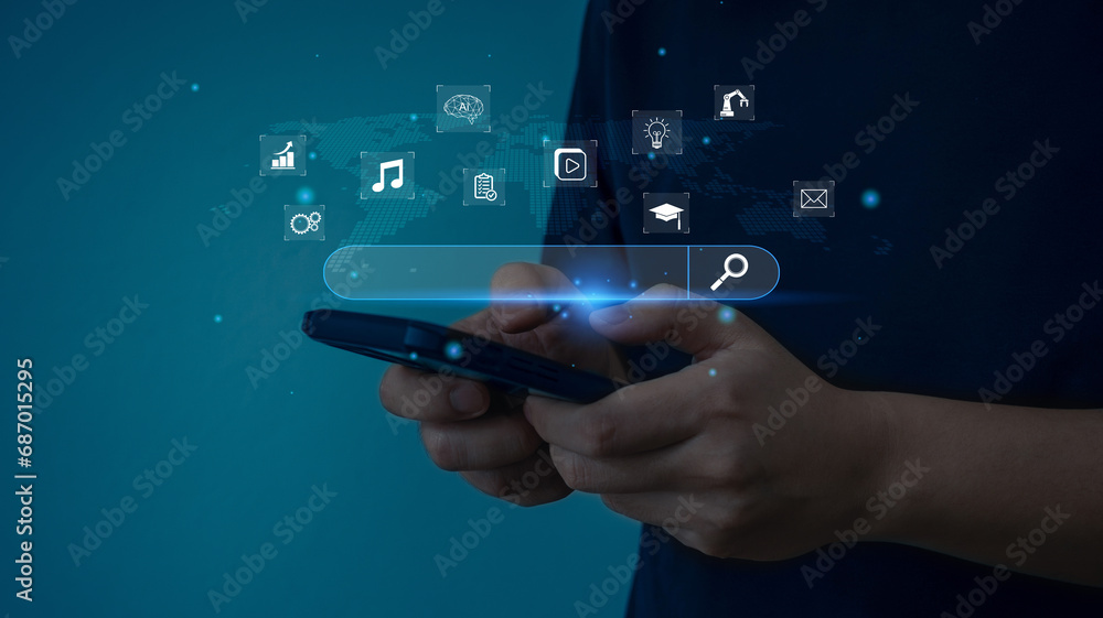 Fototapete data search technology search engine optimization (seo). man are using a smartphone to searching for