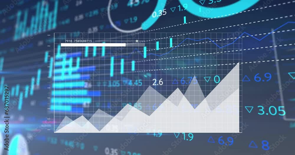 Poster animation of multiple graphs and trading board moving on black background