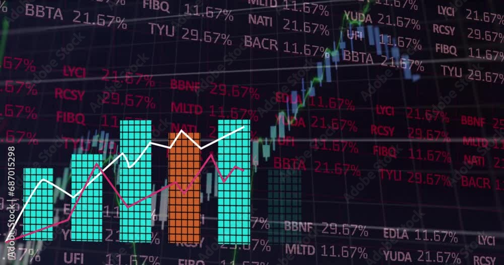 Aufkleber animation of multiple graphs with stock market data moving on black background